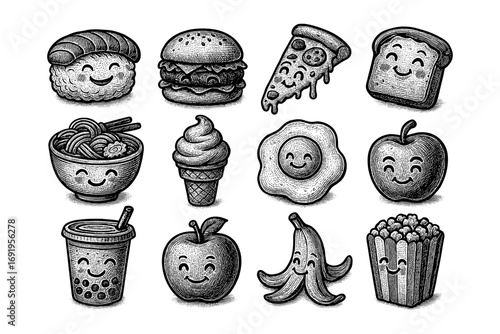 Whimsical vintage food characters with happy faces in detailed black and white design