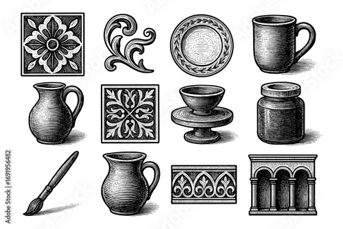 Ornamental vintage objects and ceramics in detailed engraving style