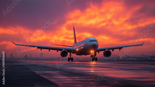 Fototapeta Naklejka Na Ścianę i Meble -  A commercial airplane prepared for flight on a runway with picturesque sunset background. vibrant colors illuminate scene, emphasizing aviation technology and beauty of travel at scenic hours