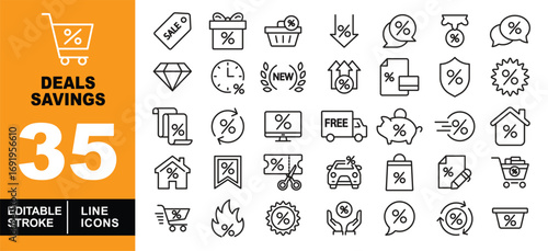 Deals Savings line icon set. Cart, tag, gift, basket, arrow, bubble, badge, diamond, clock, new, card, shield, receipt, refresh, computer and more. Editable stroke icons collection.