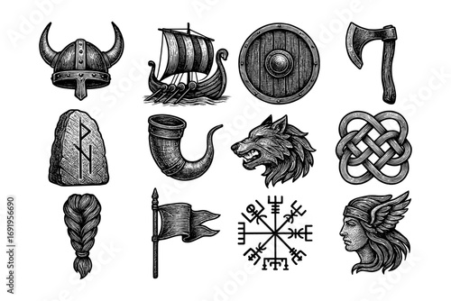Detailed norse symbols and artifacts in vintage style