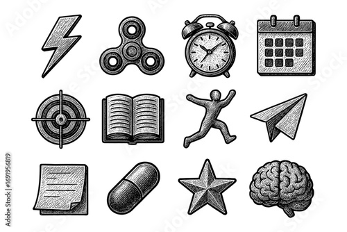 Hand drawn sketched icon set featuring various objects and symbols