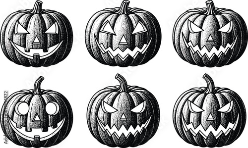 Halloween jack‑o’‑lantern vector set, carved pumpkin faces, spooky and cute expressions, scary teeth, cartoon style, horror clipart pack