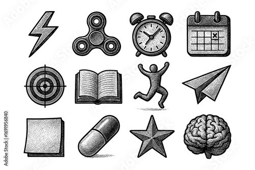 Vintage style icon set featuring time, motivation, and productivity symbols