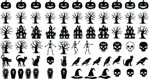 Halloween silhouettes vector set, pumpkins, spooky trees, haunted houses, skeletons, cats, skulls, coffins, witch hats, birds, horror clipart pack