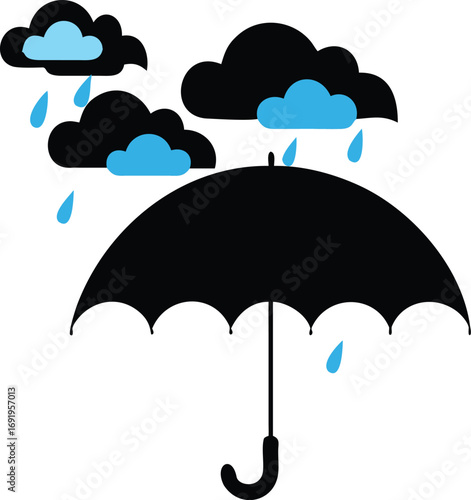 Black Silhouette of an Umbrella with Blue and Black Clouds and Raindrops weather EPS vector file download 