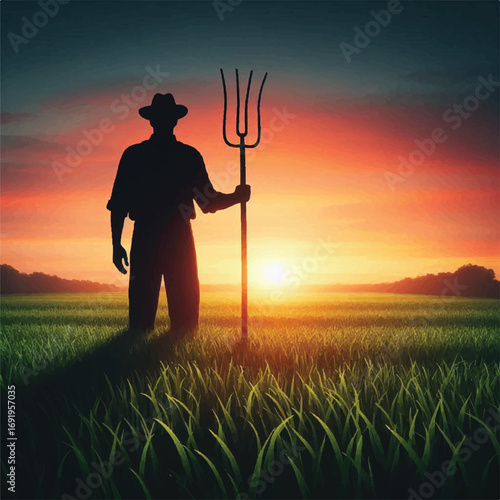 A silhouetted farmer stands proudly in a vibrant green field at sunset, holding a pitchfork, symbolizing hard work and connection to the land.