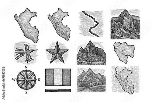 Detailed engraving style map elements of peru with inca geoglyphs and mountain landscapes