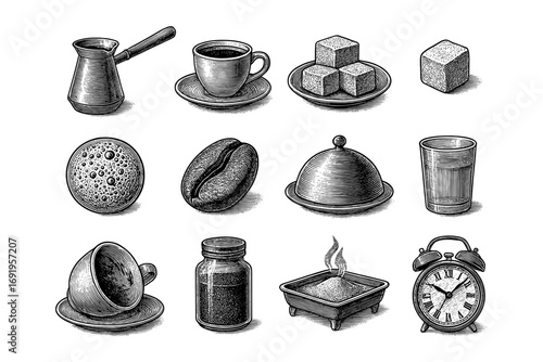 Vintage coffee set collection with cups, beans, and accessories in detailed line art style