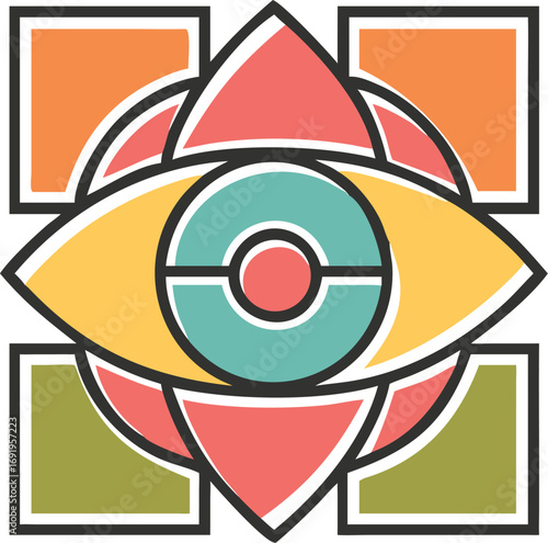 Colorful geometric eye symbol with orange, coral, yellow, and green squares and triangles EPS vector file download 