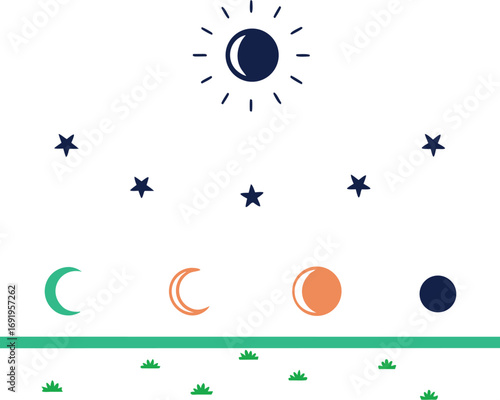 Flat Design Icons of Sun Moon Stars and Grass EPS vector file download 