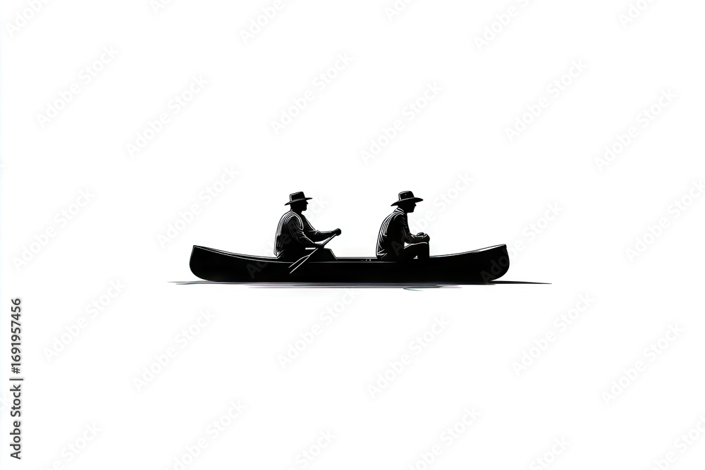Naklejka premium Two figures in a canoe, silhouetted against a white background.