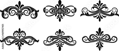 Set of ornate decorative flourish vector illustrations, vintage swirl and leaf motifs, elegant symmetrical design elements for invitations, frames, and classical graphic projects