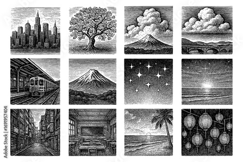 Vintage engraving style landscapes and cityscapes collection
