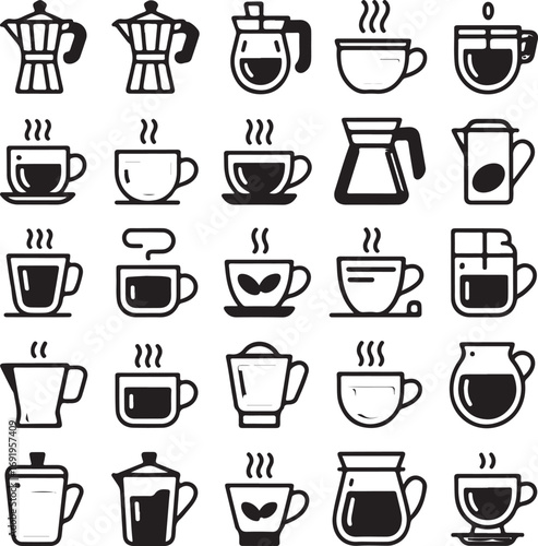 Coffee and tea beverage icons with cups and pots drink