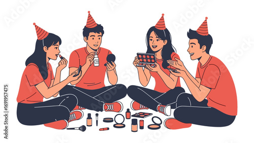 Four young friends wearing party hats celebrate a birthday with a cake and makeup products scattered around them in a fun gathering