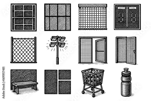 Hand drawn sketches of windows, fences, and everyday objects