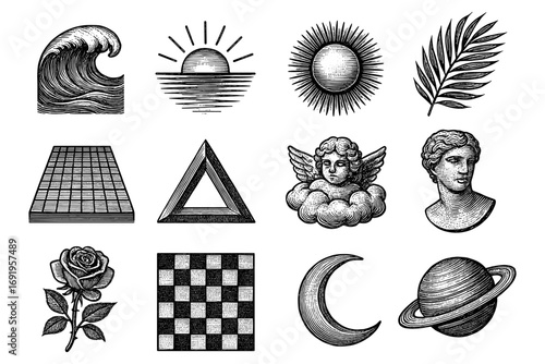 Vintage engraving style collection: nature, geometry, and classical art