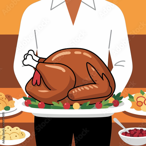 Person serving a roasted turkey on a platter at a Thanksgiving dinner.