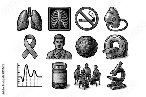 Detailed vintage medical elements and cancer awareness in engraved style