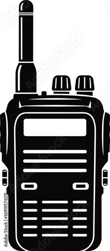 Black silhouette of handheld walkie‑talkie with antenna, two‑way radio communication device vector illustration, portable transceiver icon for security, emergency, and outdoor activities