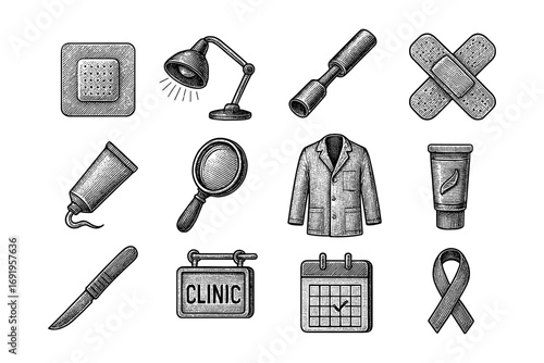 Vintage medical sketch: tools, apparel, and icons in detailed hand drawn style