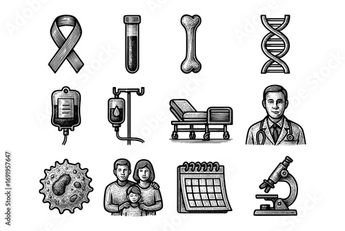 Black and white medical icons collection featuring ribbon, test tube, bone, dna, microscope