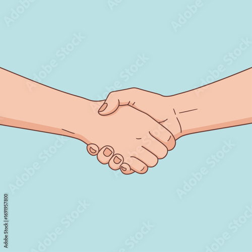 Illustration of two hands clasped in a handshake against a light blue background, symbolizing agreement or partnership.