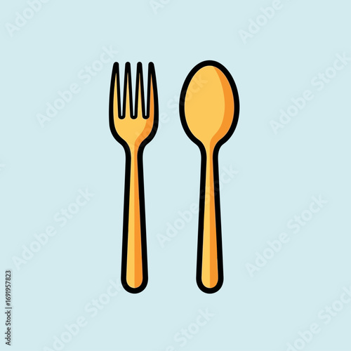 Simple illustration of a gold fork and spoon on a light blue background.