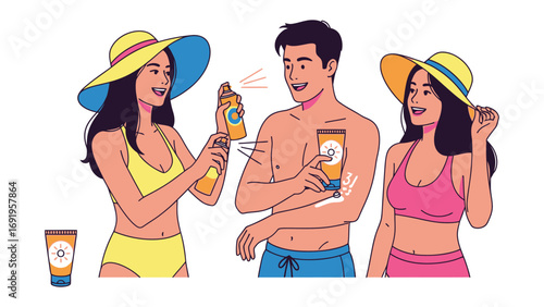 Three young adults in swimwear and sun hats applying sunscreen for sun protection during a sunny summer day at the beach or pool