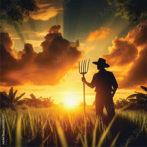 A silhouetted farmer stands in a field of rice at sunset, holding a pitchfork, the vibrant colors of the sky reflecting in the lush greenery.