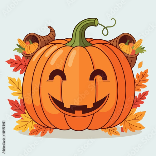 A cheerful cartoon pumpkin with a smiling face is flanked by cornucopias overflowing with harvest bounty, surrounded by colorful autumn leaves.