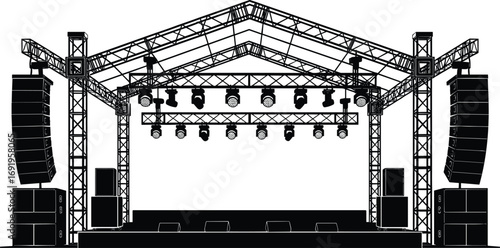Detailed concert stage vector illustration, professional event setup with truss, lighting, and speakers, live performance stage design concept for music, festival, and production projects