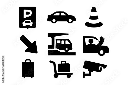 Transport and parking icon set featuring vehicles and travel symbols in silhouette style