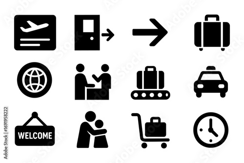 Travel and airport icons set: silhouette symbols for navigation and services