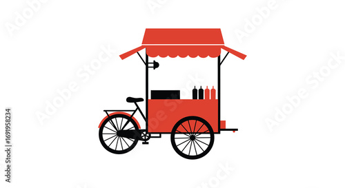 a red bicycle cart with canopy selling goods