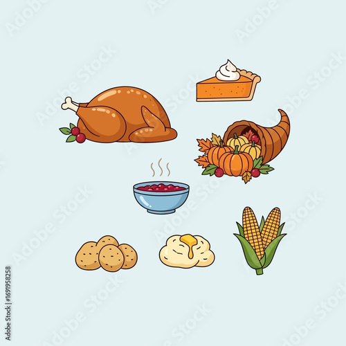 Cartoon illustration of a Thanksgiving feast featuring turkey, pumpkin pie, cornucopia, cranberry sauce, potatoes, mashed potatoes, and corn on the cob.
