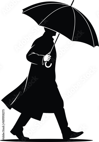 Silhouette of person walking with umbrella, long coat and formal shoes, rainy weather vector illustration, elegant figure in motion, black and white design