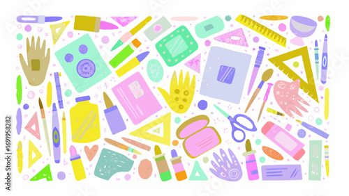 Illustration of various stationery items including pens rulers and adhesive products on a white background