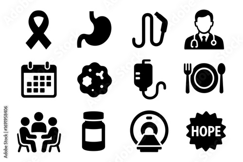 Medical symbols set: doctor, ribbon, calendar, stethoscope, cancer awareness, healthcare icons