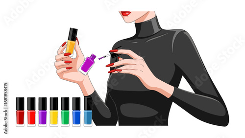 Stylish woman in black turtleneck applying vibrant purple nail polish with a row of colorful lacquer bottles lined up on white background