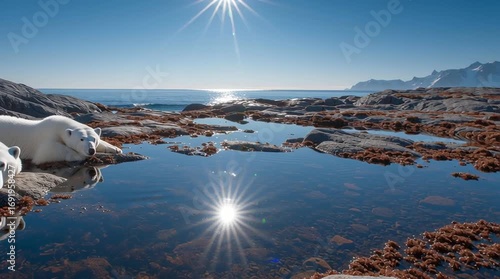 Two polar bears resting by a tranquil seascape. Melting Habitat Climate Change and Polar Bears