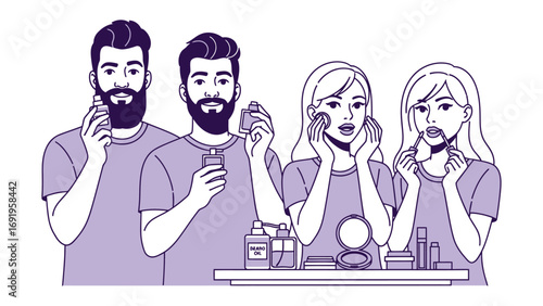 Diverse group of men and women applying skincare products to their faces with brushes and bottles representing modern beauty routines for everyone