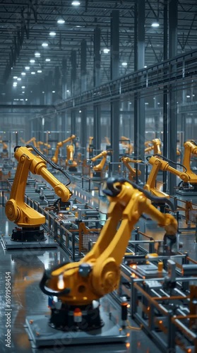 Automated robotic arms in modern factory.