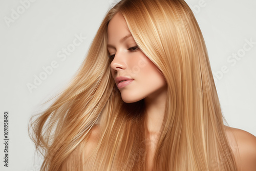 Close-up of a blonde woman with thick, straight, healthy hair and natural makeup against a light gray background, professional studio photograph.
