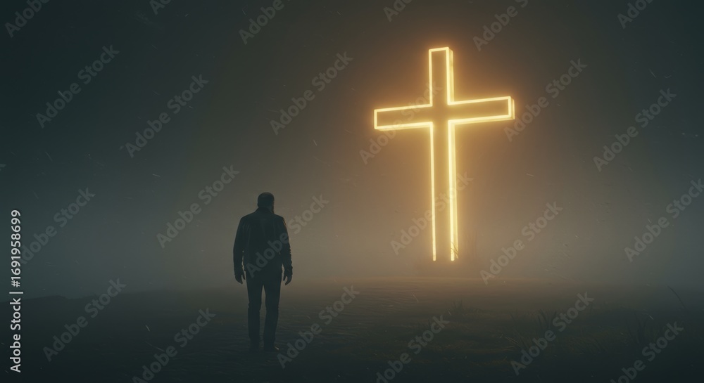 Obraz premium A solitary man walks towards a glowing cross in a foggy landscape seeking hope