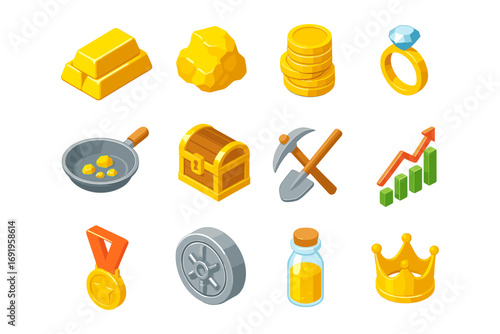 Isometric icon set featuring gold bars, tools, and wealth symbols