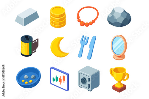 Diverse isometric icons featuring gold, safe, trophy, and more everyday objects