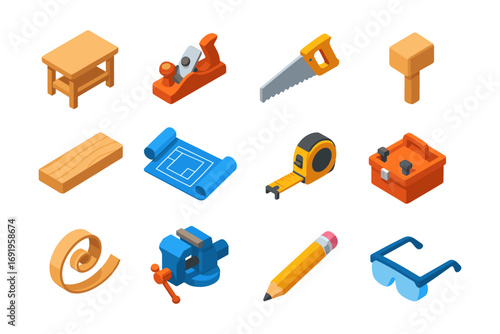 Essential carpentry tools collection in isometric style for woodworking projects