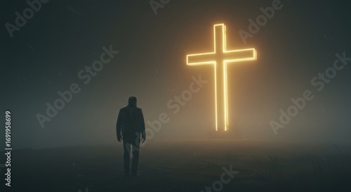 A solitary man walks towards a glowing cross in a foggy landscape seeking hope